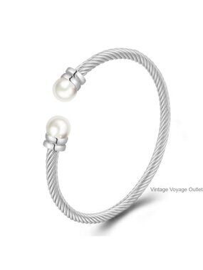 18K Gold Plated Pearl Cuff Bracelet Adjustable Open Bangle